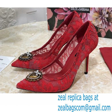 Dolce & Gabbana Heel 10.5cm Taormina Lace Pumps Red with Devotion Heart 2021